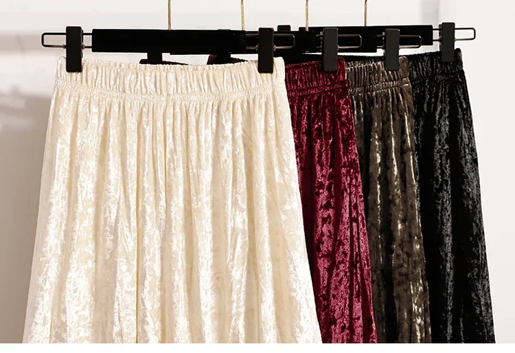 Burgunderroter Plissierter Samt-Midi-Rock für Damen, A-Linie, Herbst/Winter 2026, Vielseitig, Figurbetont, Mittellang, Lässig, Vielseitige Halbrocke – Detail 5