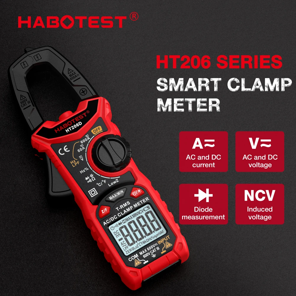 

HABOTEST HT206 Clamp Meter DC/AC Current 600A Digital Clamp Meter Ammeter Voltage Tester Amp Hz Capacitance NCV Ohm Test