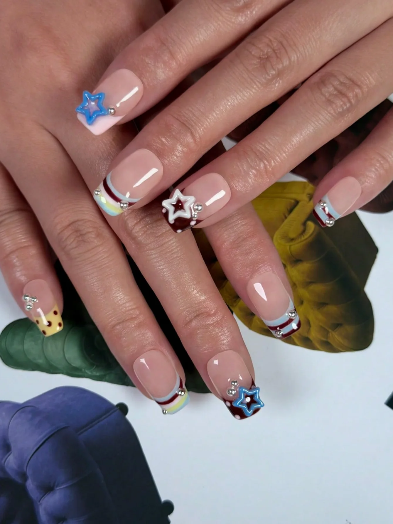 10pcs Handmade Color Block Star Polka Dot Press On Nails Square Short Full Cover Wearable Reusable Cute Fake Nails 2026