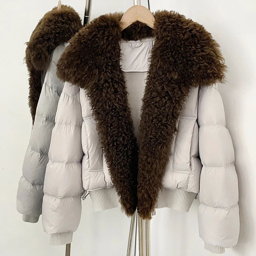 OFTBUY Damen Winterjacke, 90 % Daunenfüllung, Damenmantel aus echtem Lammfell, kurz, warm, aus natürlichem Fell, modische Steppjacke, Oberbekleidung. – Detail 8