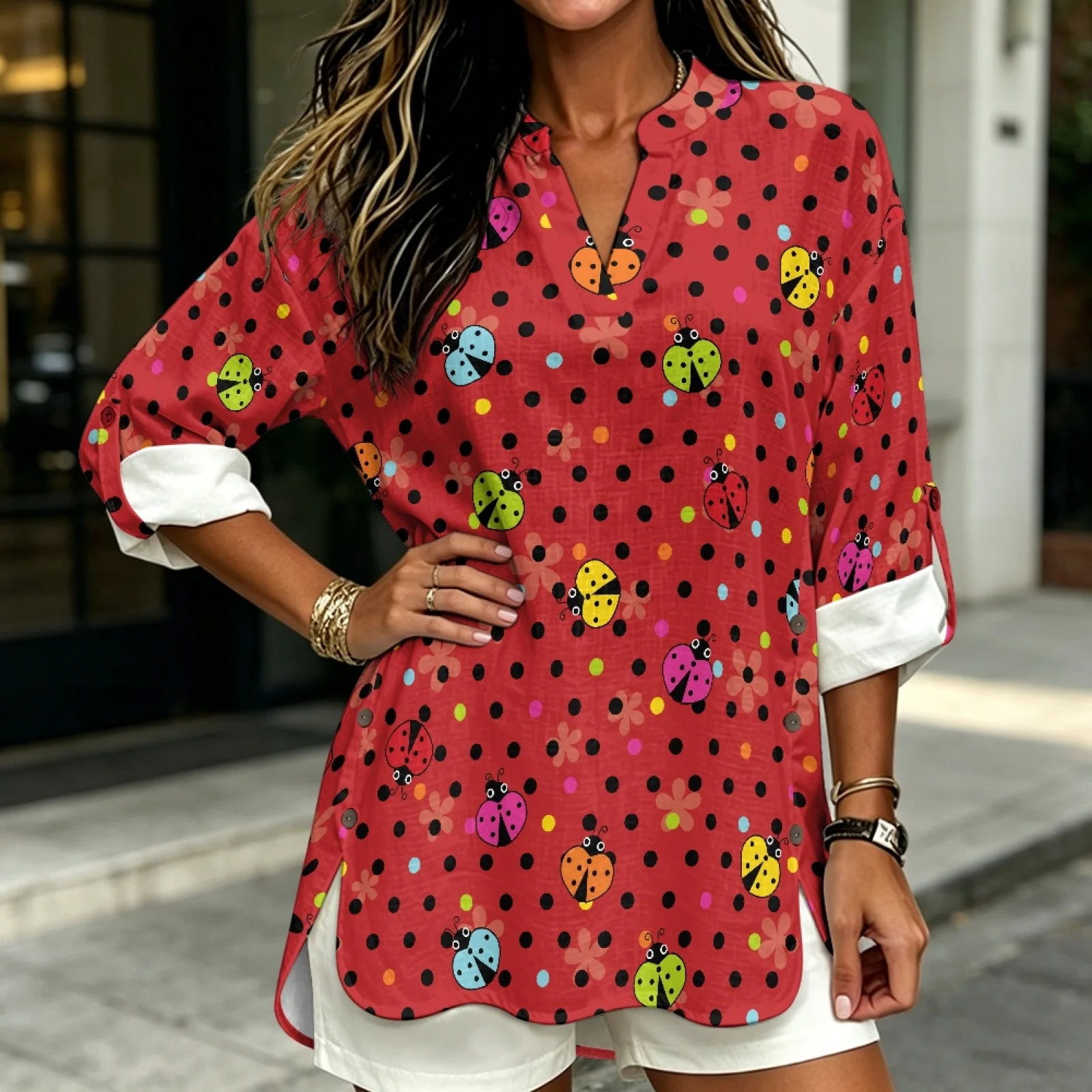 PENSTROLL Linen Like V Neck Tunic Blouses with Multicolor Ladybug Print, Women's Long Sleeve Roll up Tops Sizes S-5XL