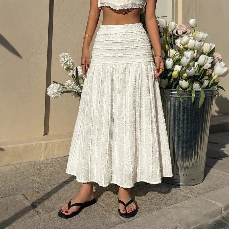Women Skirts New High Waist Smocked Tiered Maxi Skirt 2026 Summer Elegant Versatile A-line Casual Beach Skirt