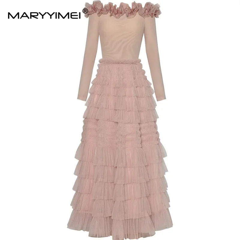 MARYYIMEI 夏の女性の夜会服ドレス スラッシュネック 長袖 メッシュスプライシング ティアードフリル ビッグスイングパーティードレス