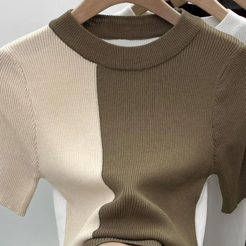 American Vintage Sweet Spice Color Blocking Ice Silk Design Sense Short Sleeve T-shirt Women's O-neck Chic Point Simple Knit Top