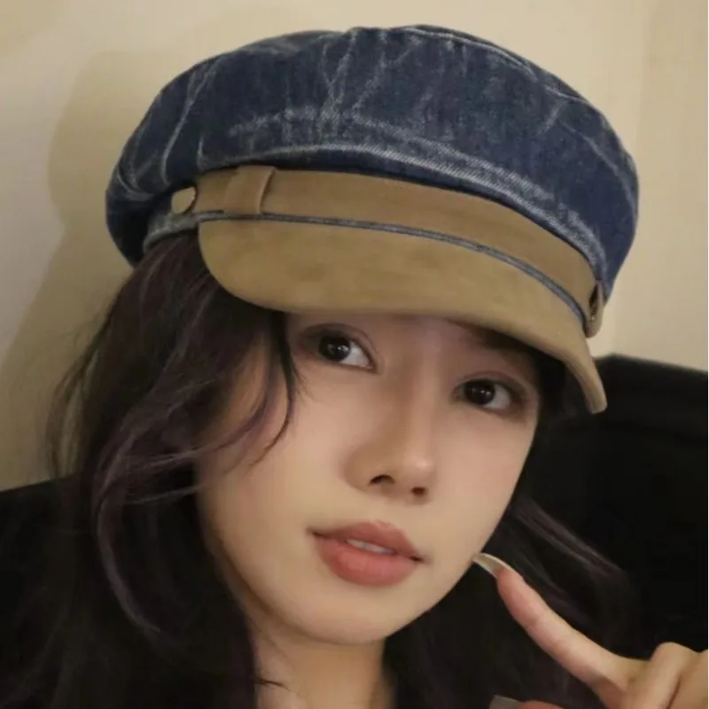 Korean Version Denim Suede Splicing Flat Top Military Hat Women\'s Autumn and Winter Trend British Fashion Sunshade Newsboy Cap