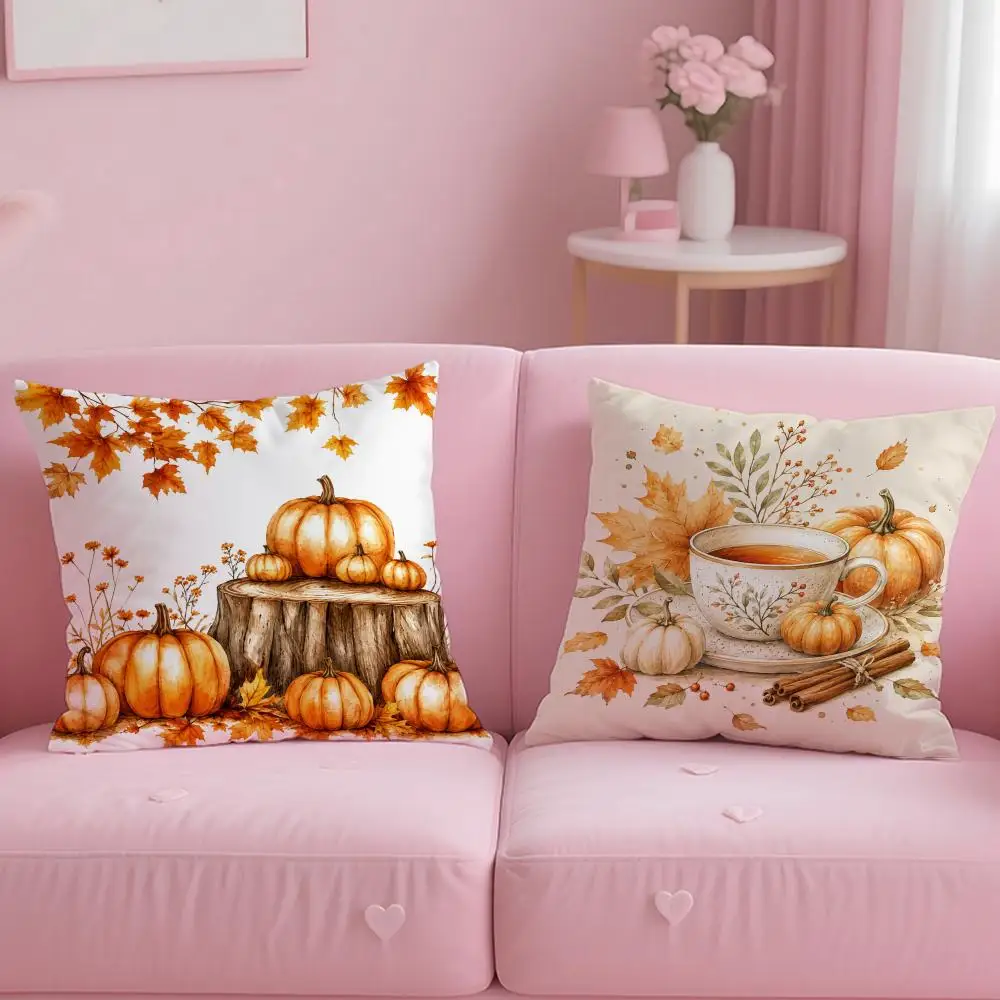Watercolor Autumn Pumpkin Harvest Cushion Cover Comfortable Double Sided Pillow Cover For Car Sofa Bedroom & More