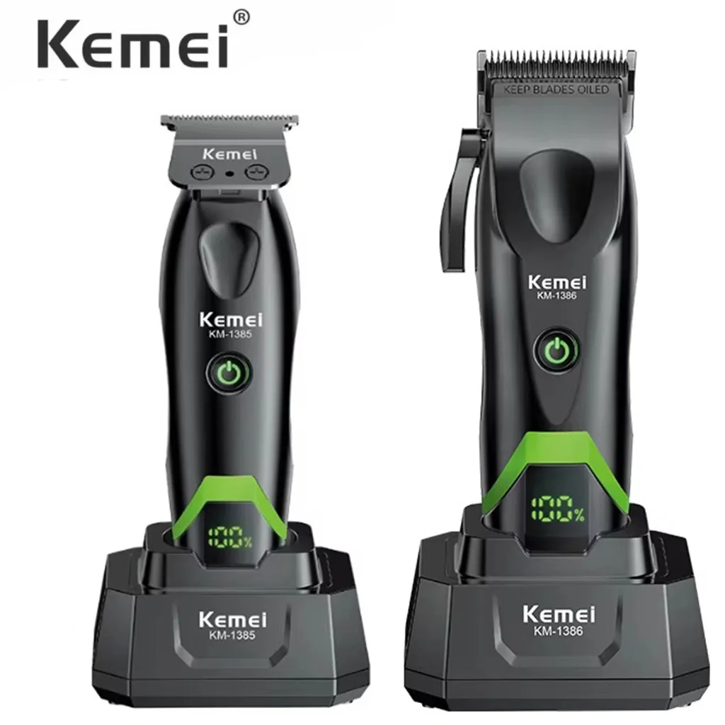 Kemei 1386 1385 Electric Hair Clipper 7500RPM Zero Gap Hair Trimmer Professional Hair Cutting Machine DLC Blade with Charge Base