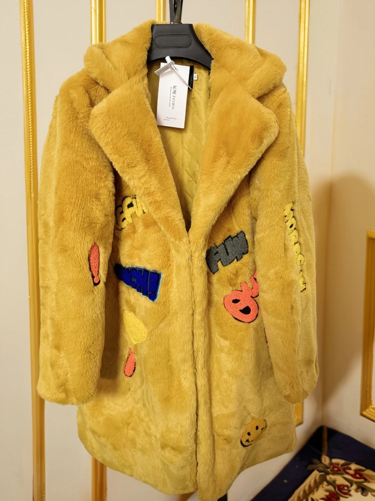 

Длинные пальто из искусственного меха с зубчатым воротником и аппликацией, черные меховые куртки, пушистые теплые толстые свободные пальто из искусственной норки, плюшевые пальто, повседневные пальто