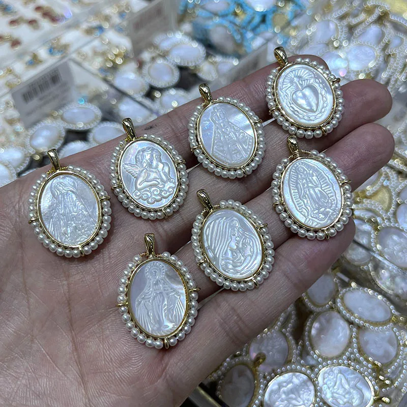 5Pcs Natural MOP Shell Oval Medal Virgin Mary Pendants Charms for Jewelry Making Religion Necklace Copper Gold Plated Jewelry