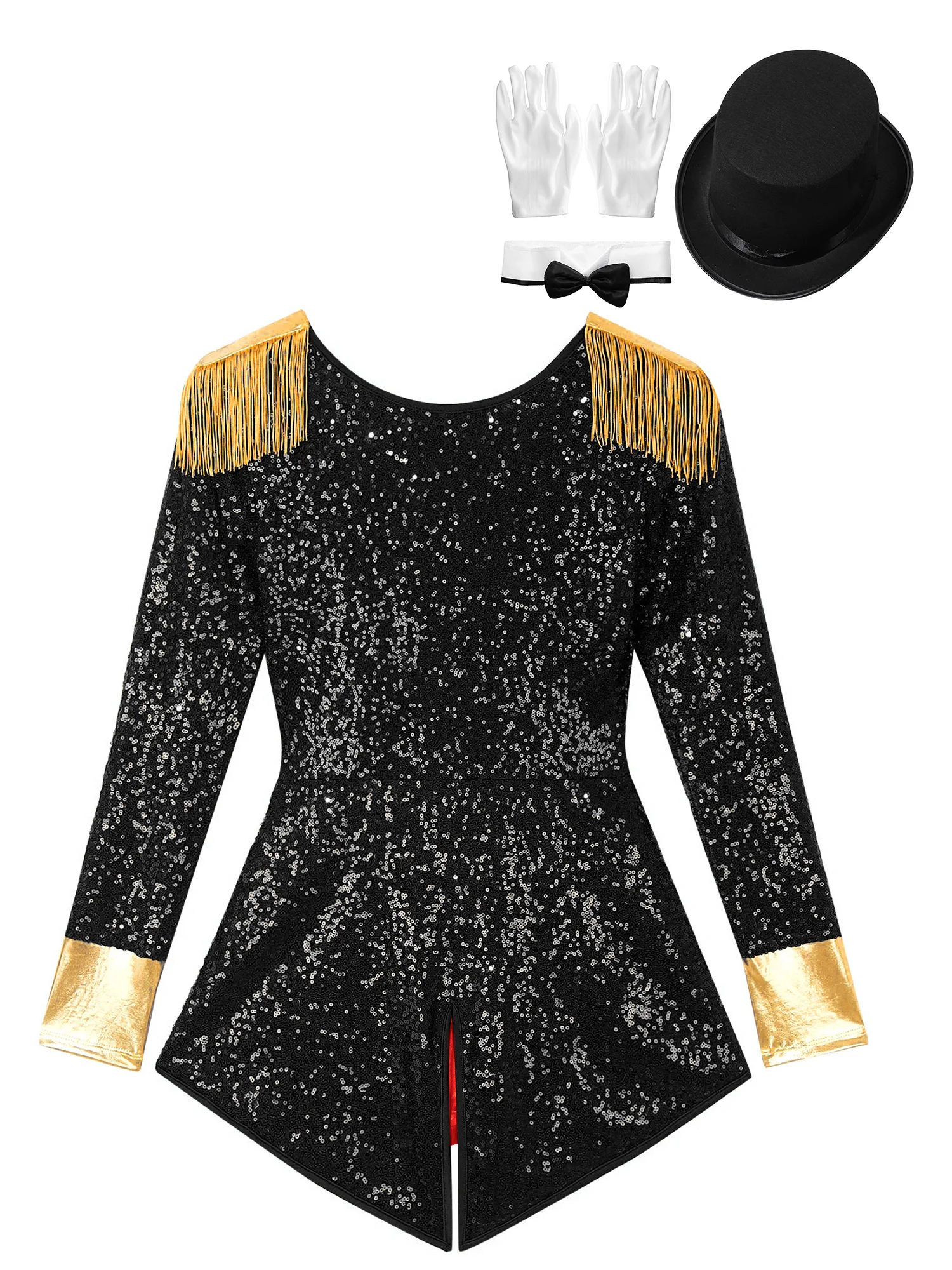 Disfraz de Circus Ringmaster para mujer, conjunto de manga larga con flecos y lentejuelas, mono con sombrero y guantes, traje de Cosplay de Halloween, entrenador de León