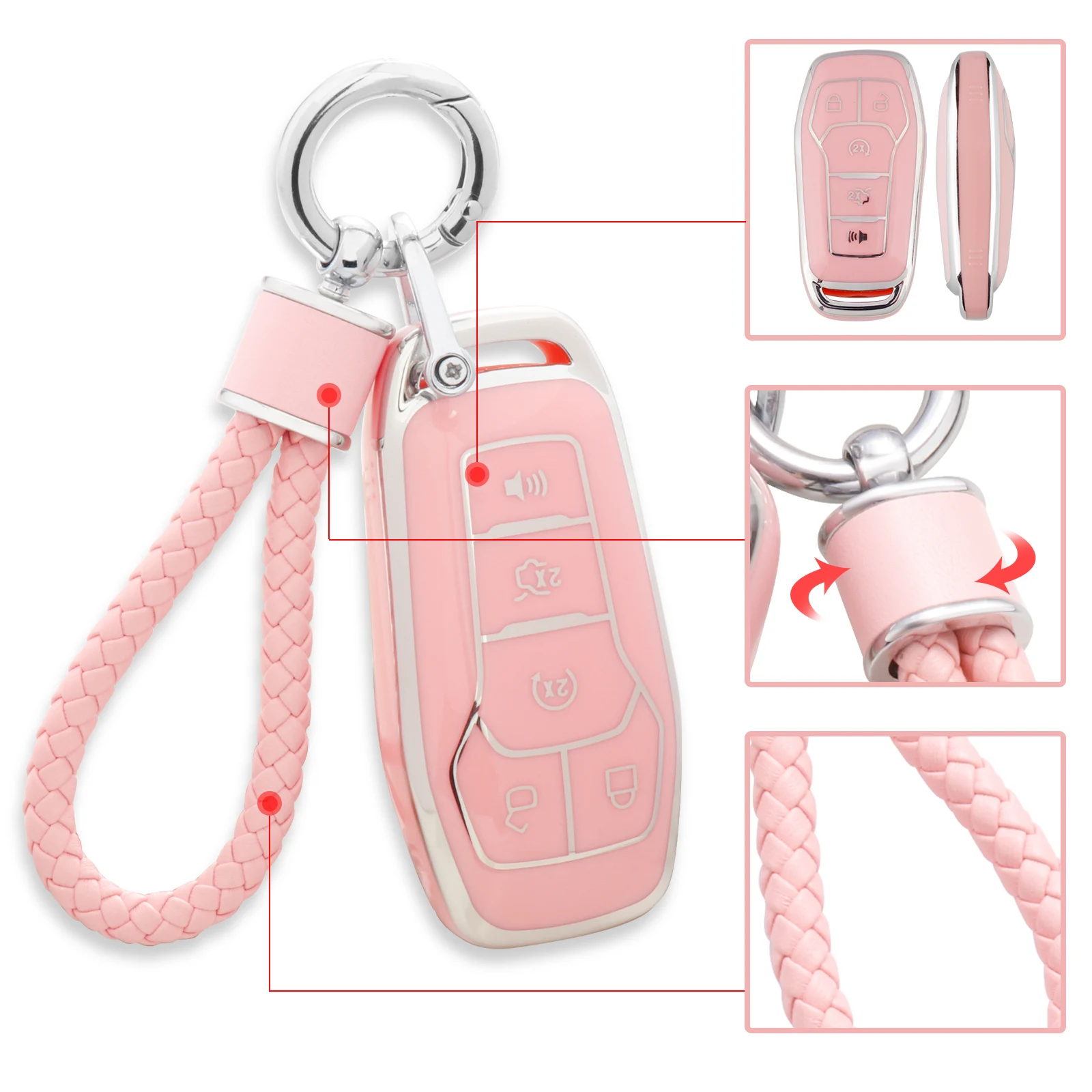 for Ford Key Fob Cover with Keychain, Pink Soft TPU Key Case Protection Fit for F150 Explorer Mustang Edge Lincoln MKZ MKX MKC