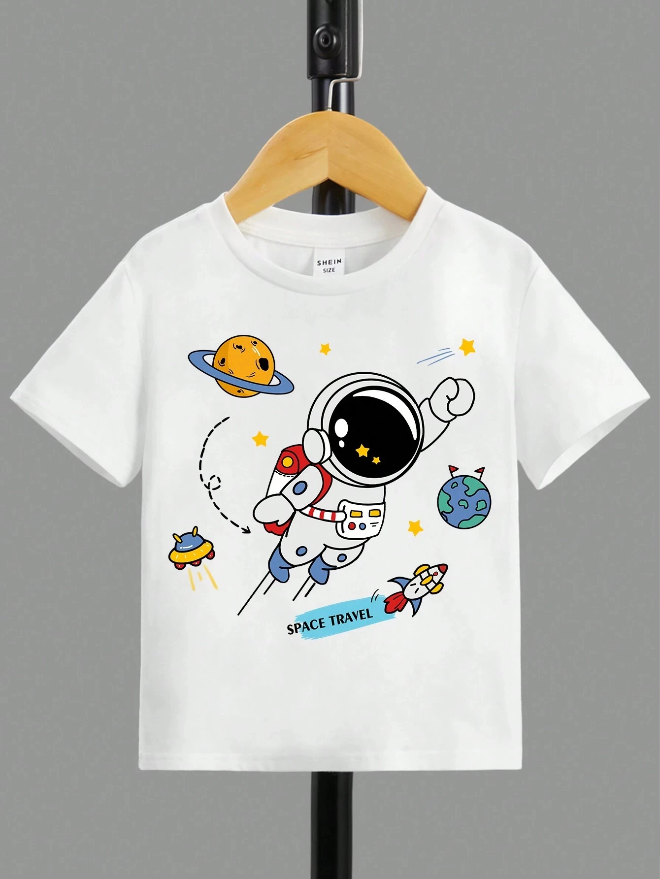 

Astronaut's space travel print round neck T-shirt Summer boys short-sleeved tops Simple style T-shirt Suitable for boys' daily