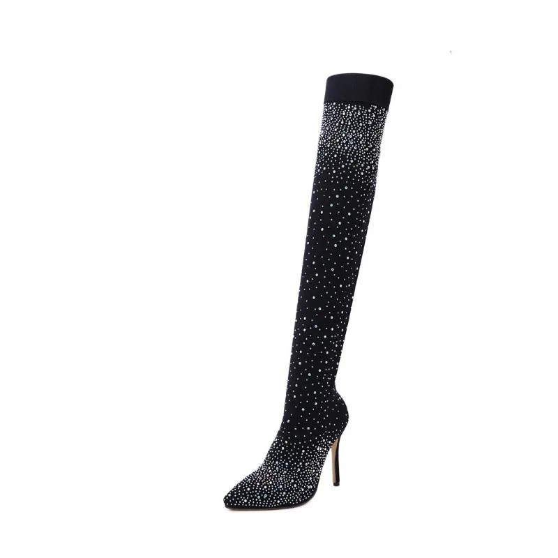 Jesienne buty do kolan 2024 Luxury Woman Shoes Rhinestone Pointed Toe Sexy High Heels Plus Size 43. Thigh High Sock Botas De Mujer