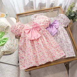 Summer Girls' Dress New Children's Clothing Sweet Bubble Sleeves Fragmented Flower Princess Dress Cute Bow Puff Dress