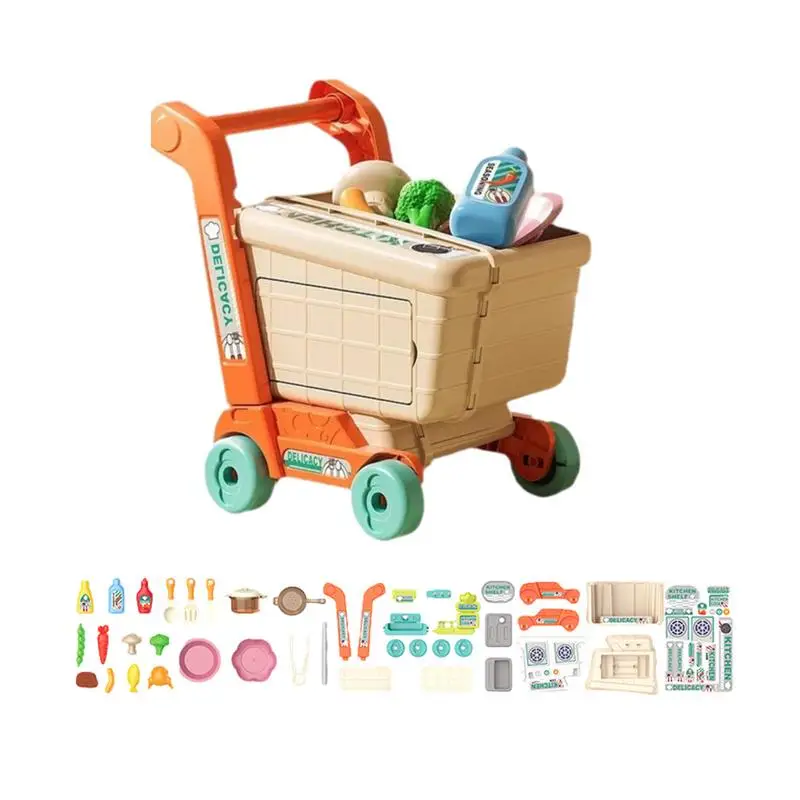 Toddler Shopping Cart Trolley Set Play Shopping Pretend Food Portable Mini Shopping Cart Birthday Gift For Kids Children