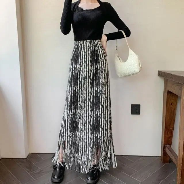 Tie-Dyed Tassels Pleated Skirt Chic Long Skirts For Women Printed Tassel High Waist Female Sheath Skirt Ladies Maxi Skirt