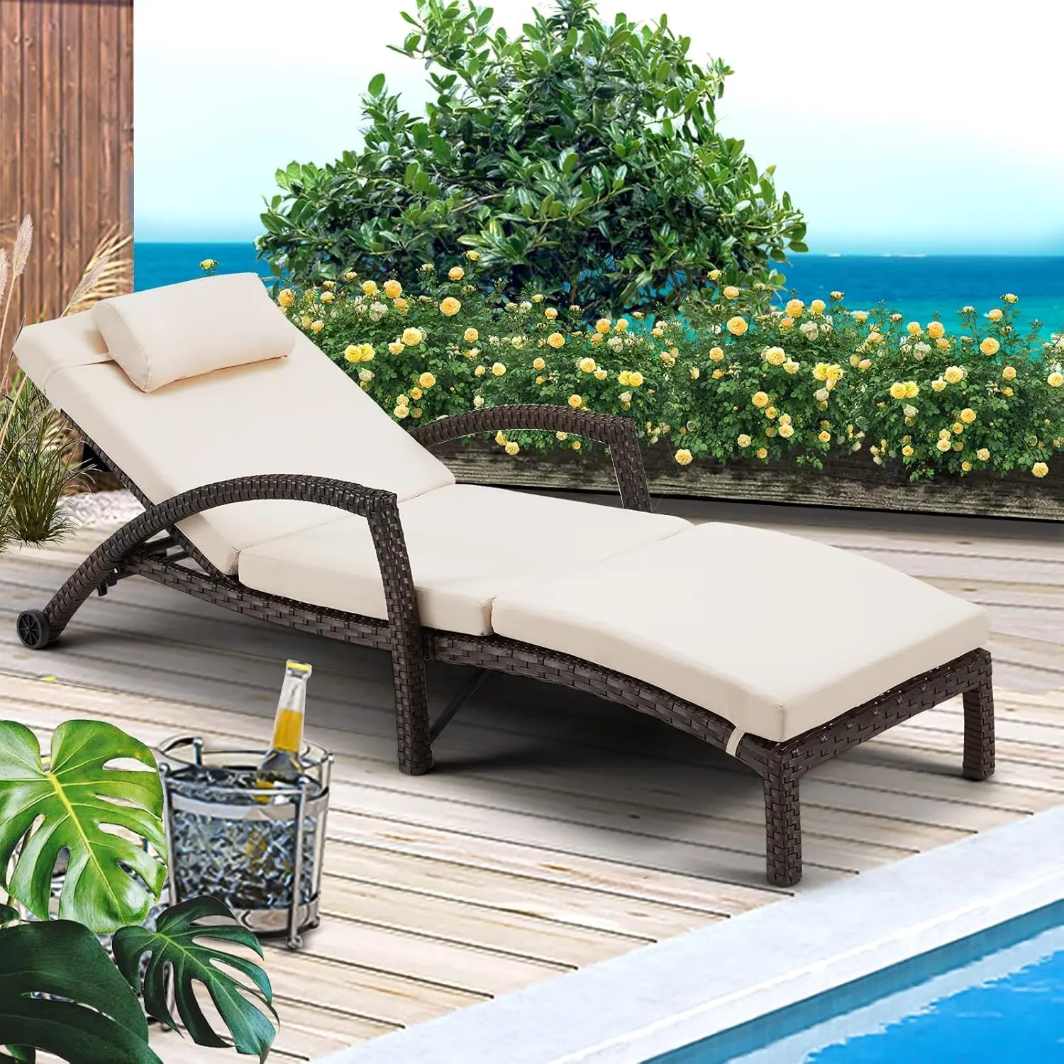 Chaise Lounge Chairs Set of 4 PE Rattan Wicker Lounge Chair with Arm and Wheels for Poolside Khaki 45.3