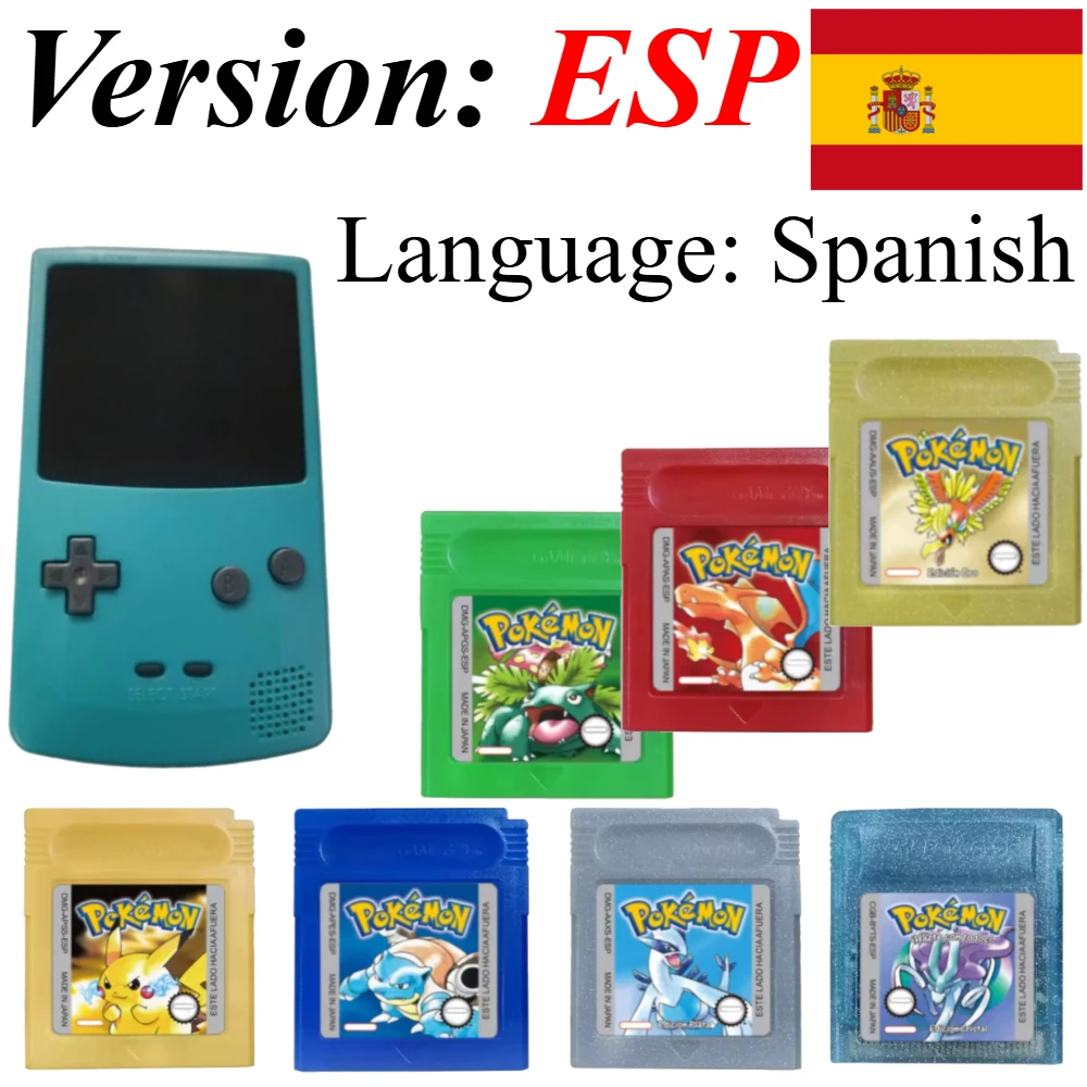 Cartucho de Juego Pokémon GBC Versión Española 7 Estilos Clásicos Oro Plata Cristal Rojo Azul Verde Amarillo para Colección de Colores Regalo