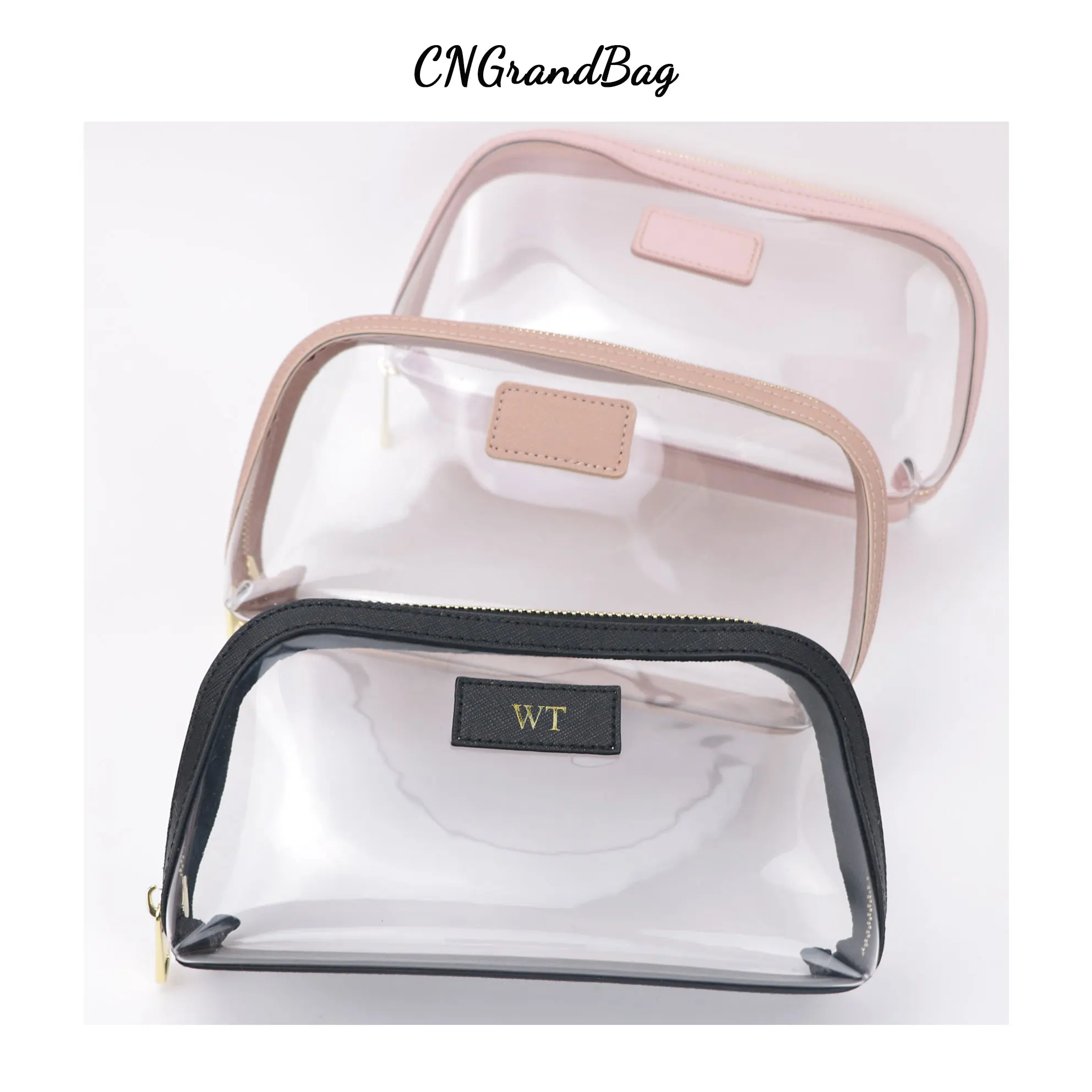 Sac à cosmétiques de voyage en cuir véritable personnalisé, ensemble de sac de rangement étanche pour pinceaux de maquillage, sac à cosmétiques Portable Transparent en PVC TPU