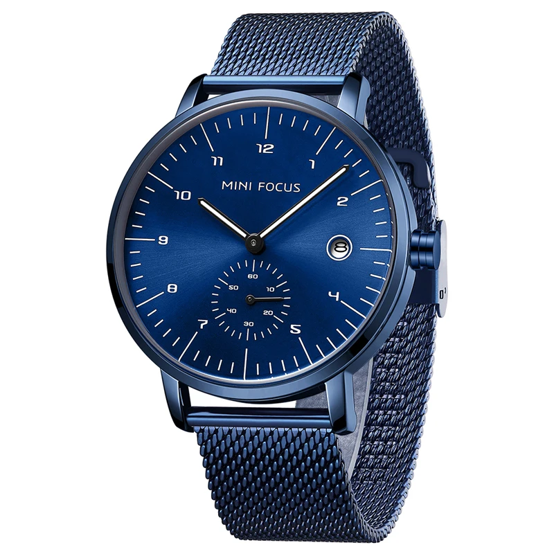 Mini Focus MF0303G ساعة الموضة الطلب الكبير شبكة فضية سوار فولاذي مقاوم للماء التقويم رجال الأعمال التناظرية ساعات الكوارتز