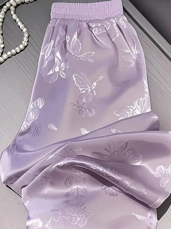 

Женские повседневные брюки с высокой талией, драпированные, из фиолетового атласа, с вышивкой, широкие, прямые, зауженного кроя, свободные, стильные