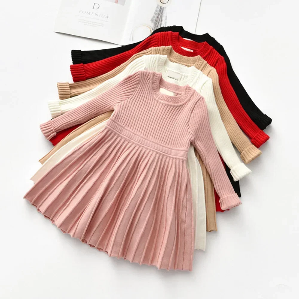 Kids Clothes Winter New Solid Color Children\'s Clothing Pink Long Sleeved Round Neck Pleated Dress Girls Casual Dresses