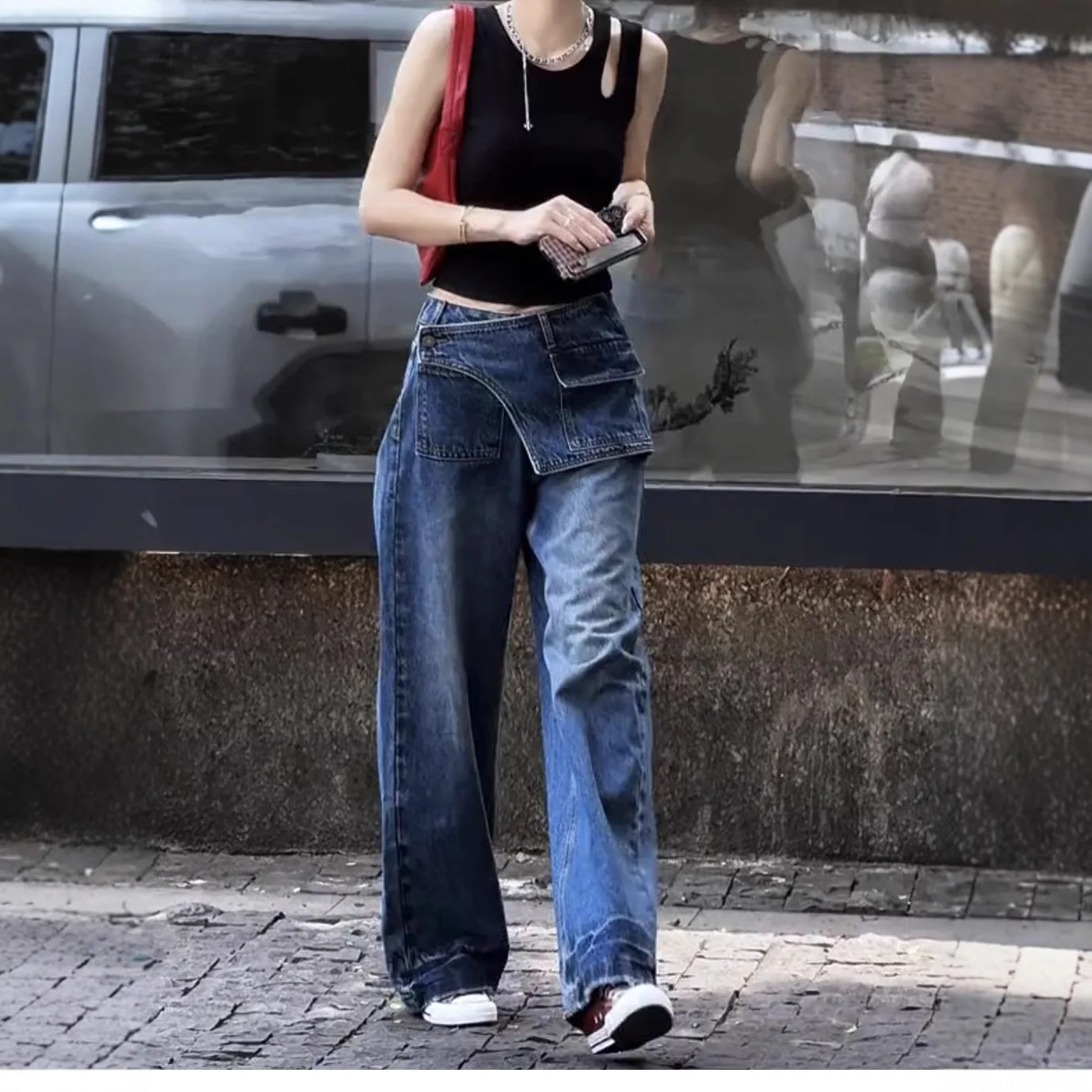 

Осень 2023, новые широкие джинсы с высокой талией, повседневные мешковатые джинсы Straaight, женские джинсы с занавеской