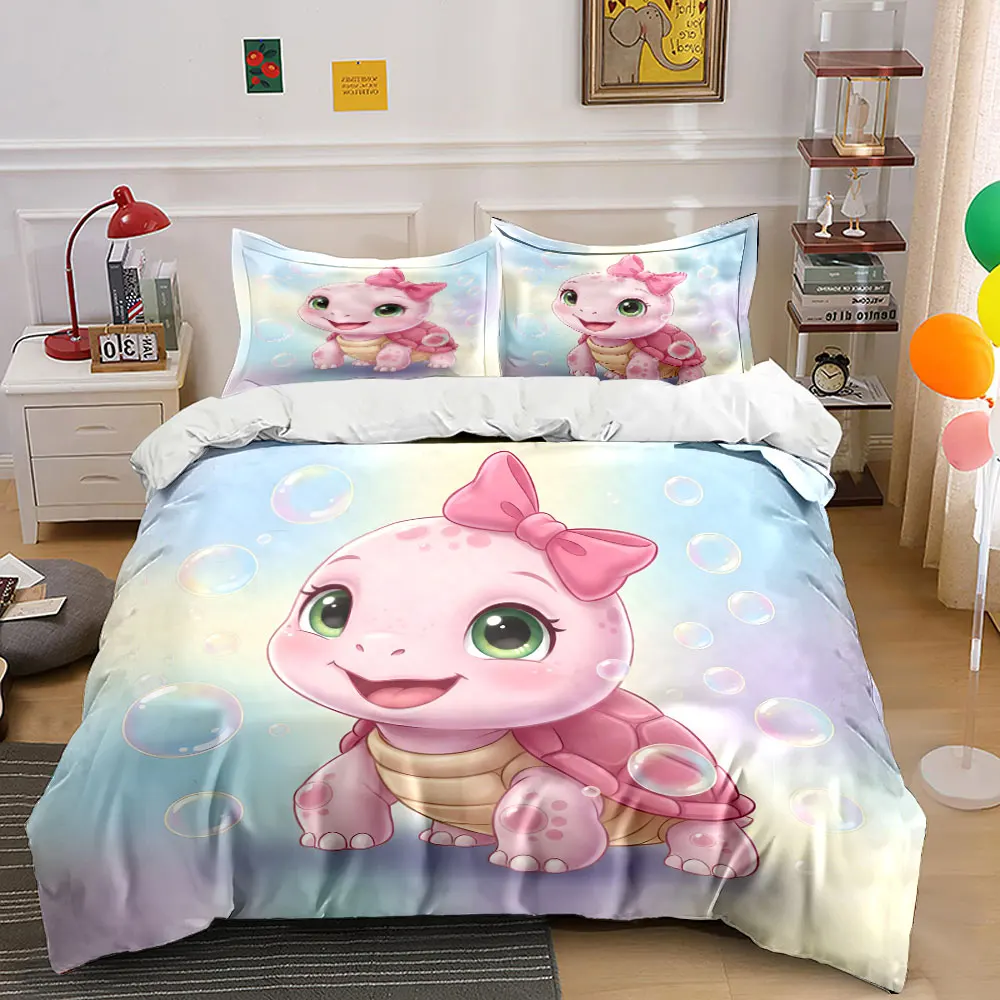 Bettwäsche-Set mit rosa Schildkröte, Schleife und Blasen-Print, 1 Bettbezug, 2 Kissenbezüge für Erwachsene und Kinder, luxuriöses Geschenk, volle Größe