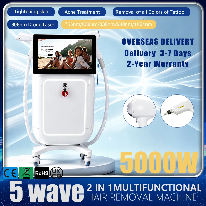 Professional 5000w Soprano Diode Laser Hair Removal 5 Waves 830/940/755/1064/808nm CE Certificate Alexandrite Device Permanent
