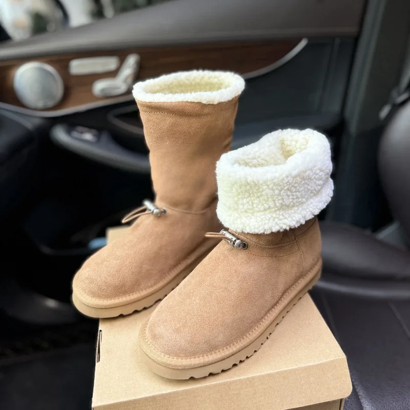 Winter Snowboots Voor Vrouwen Hoge Gesneden Koeienhuid Wol Tussenzool Warm En Pluche Katoenen Schoenen Elastische Winddichte Anti Slip