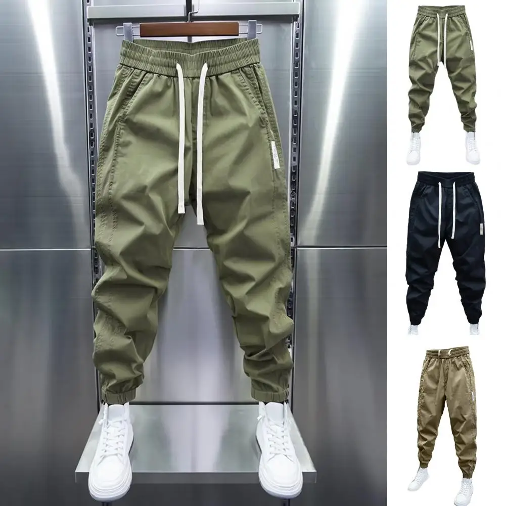 Pantaloni da lavoro casual Pantaloni casual da uomo con coulisse in vita elastica con tasche Pantaloni morbidi e traspiranti con fascia alla caviglia in tinta unita