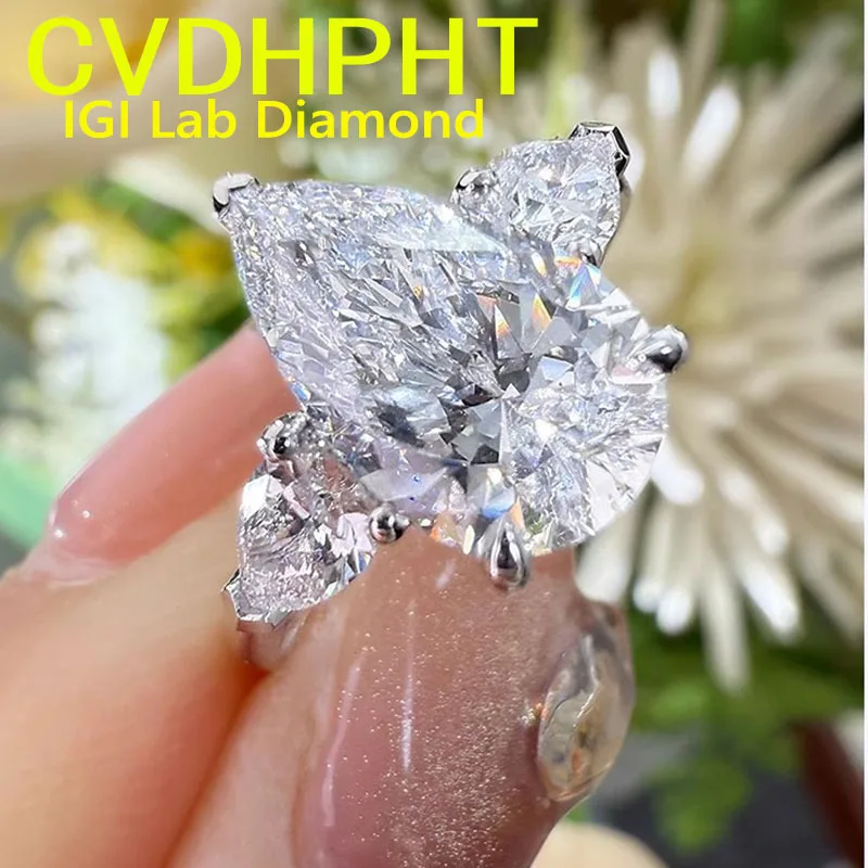 

customized jewelry 5Ct Real Solid 14K White gold Lab grown dimaond ring IGI Pear cut D color Wedding engagement ring ﻿