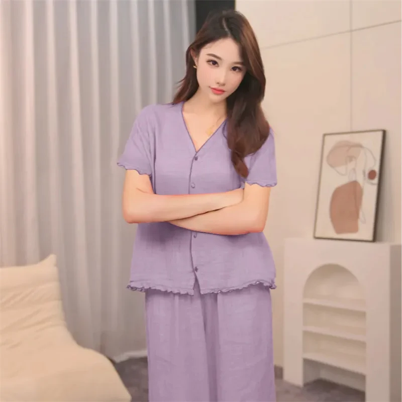 مجموعة ملابس نوم نسائية جديدة لربيع وصيف 2025 من غزل القطن ومريحة بأكمام طويلة