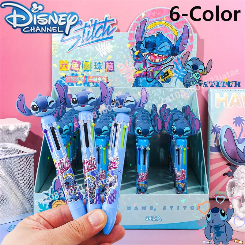 

Disney Stitch 6-Color Ballpoint Pen Cute Cartoon Styling Color Press Pen Student Notes Marking Pen Learning Stationery Supplies