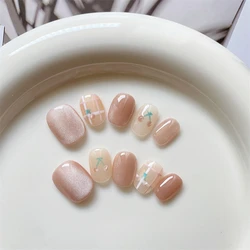 10pcs Handmade False Nails Press on Cat's Eye Full Cover Fake Nails Short Round Head Press On Nails Reusable Ballerina Manicure
