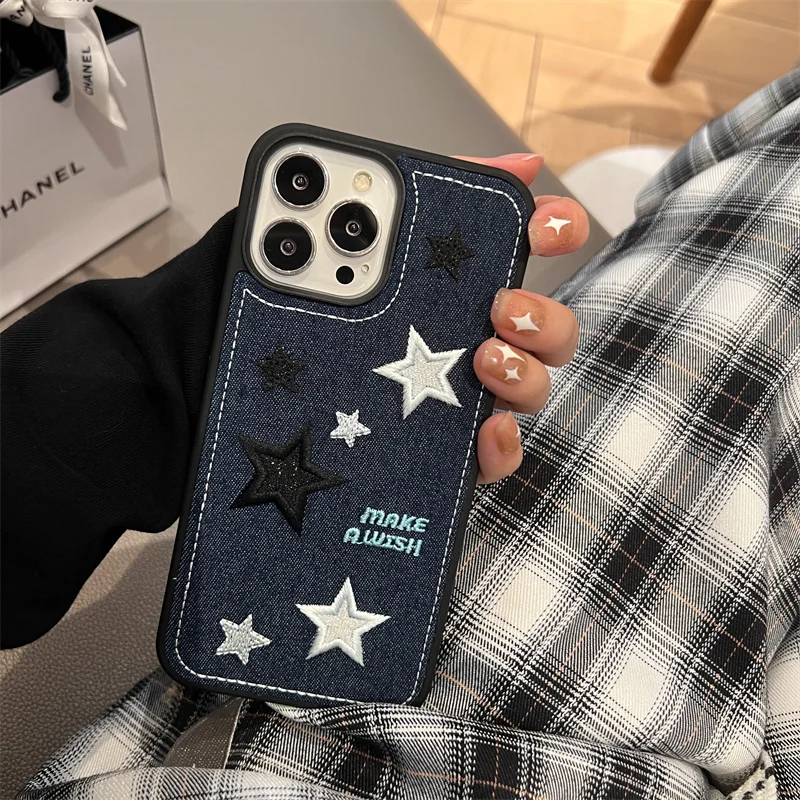 Cute Denim Fabric Embroidery Star Phone Case For iPhone 15 14 13 12 11 Pro Max Silicone Protective Cover For iPhone 14pro Funda