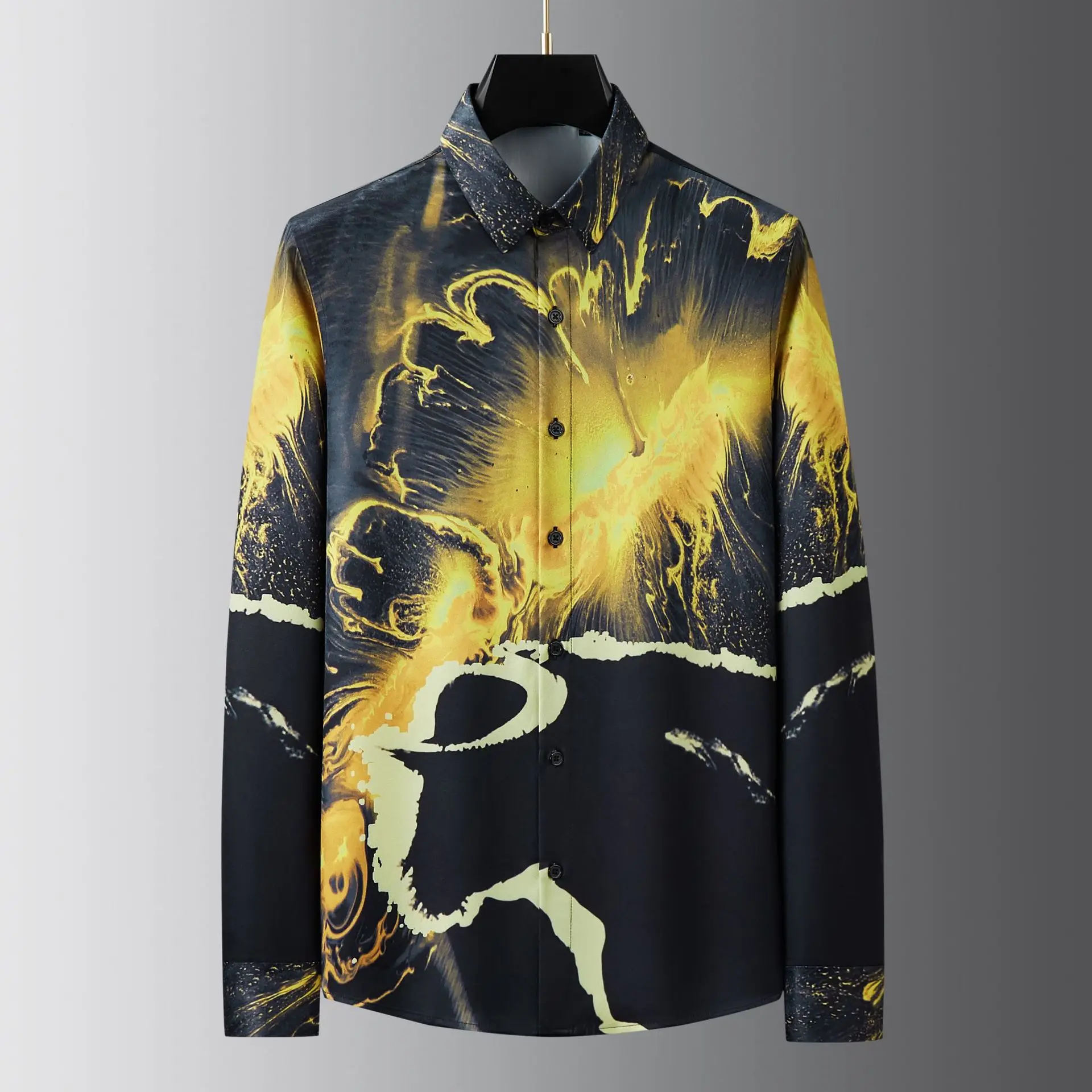 Brand 2024 Spring Art Flame Printed Shirt for Men Long Sleeve Casual Social Shirts Slim Fit Business Banquet Party Streetwear