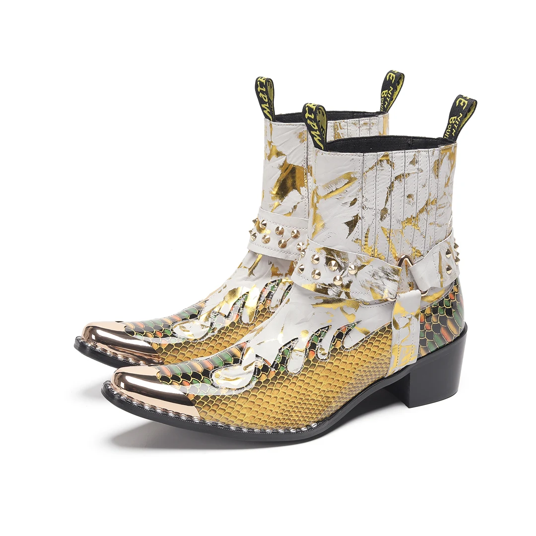 Herren-Designer-Stiefeletten aus echtem Leder mit Metallspitze, Nieten-Dekor und Print, Übergrößen, Cowboy-Motorrad-Schuhe für Business – Detail 16