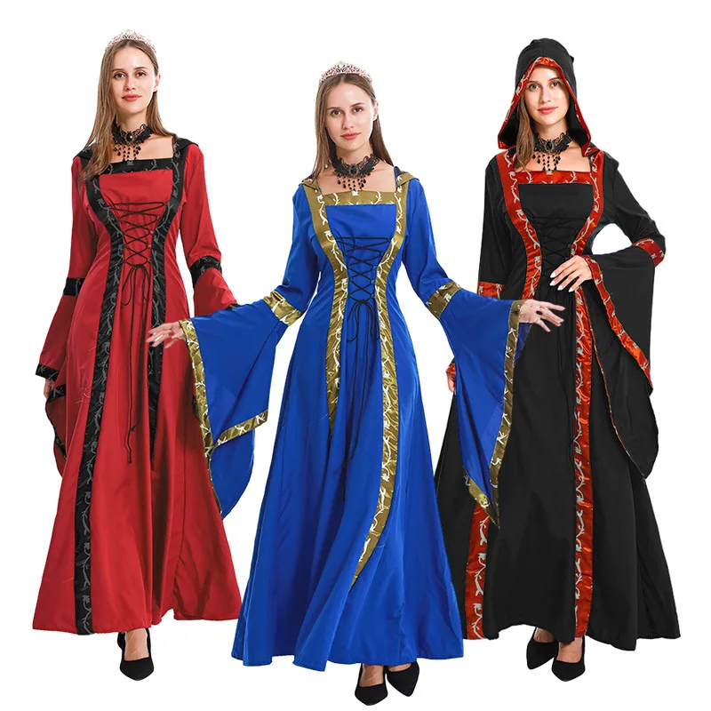 

loween Vintage Medieval Square Collar Dr with Hood for Stage Performance Women's Traditional Costume Ethnic Stage Wear