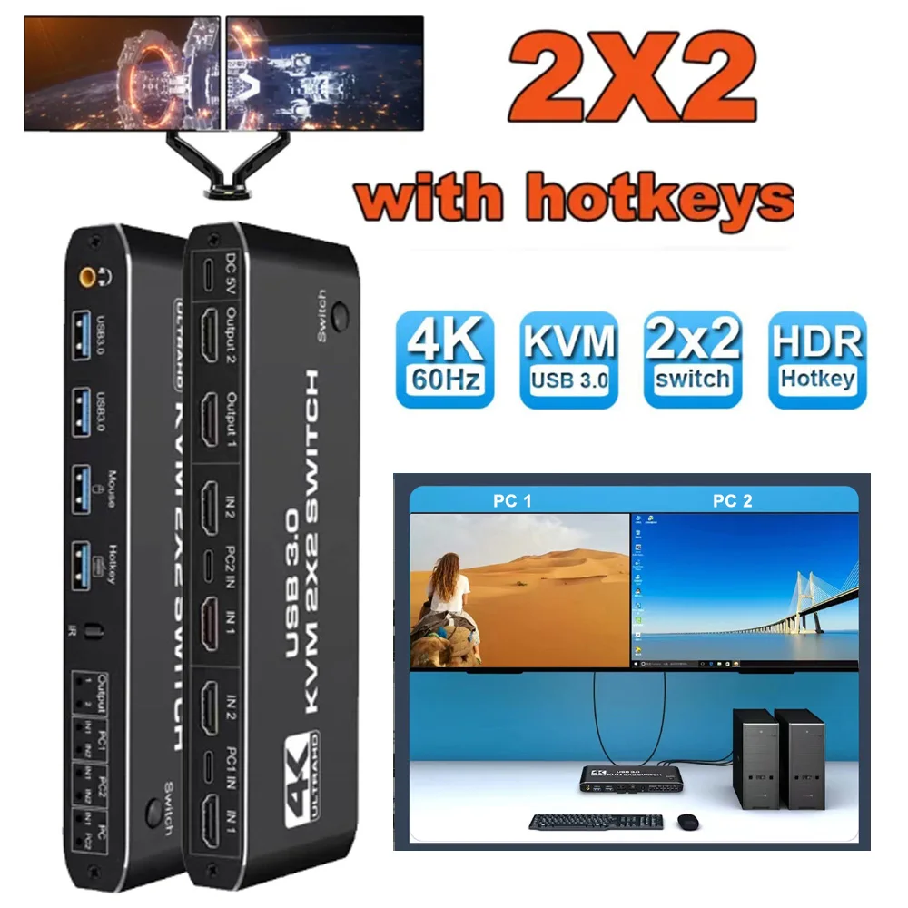 

Двойной монитор 2x2 4K 60 Гц Kvm Switchk Расширенный дисплей USB KVM-переключатель 2 в 2 выхода для 2 компьютеров Share 2Monitor HDMI-совместимый