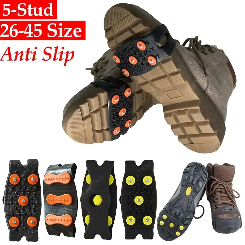 1 par antideslizante 5 dientes pinza de hielo para zapatos senderismo escalada nieve picos Crampones tacos cadena garras empuñaduras botas cubierta