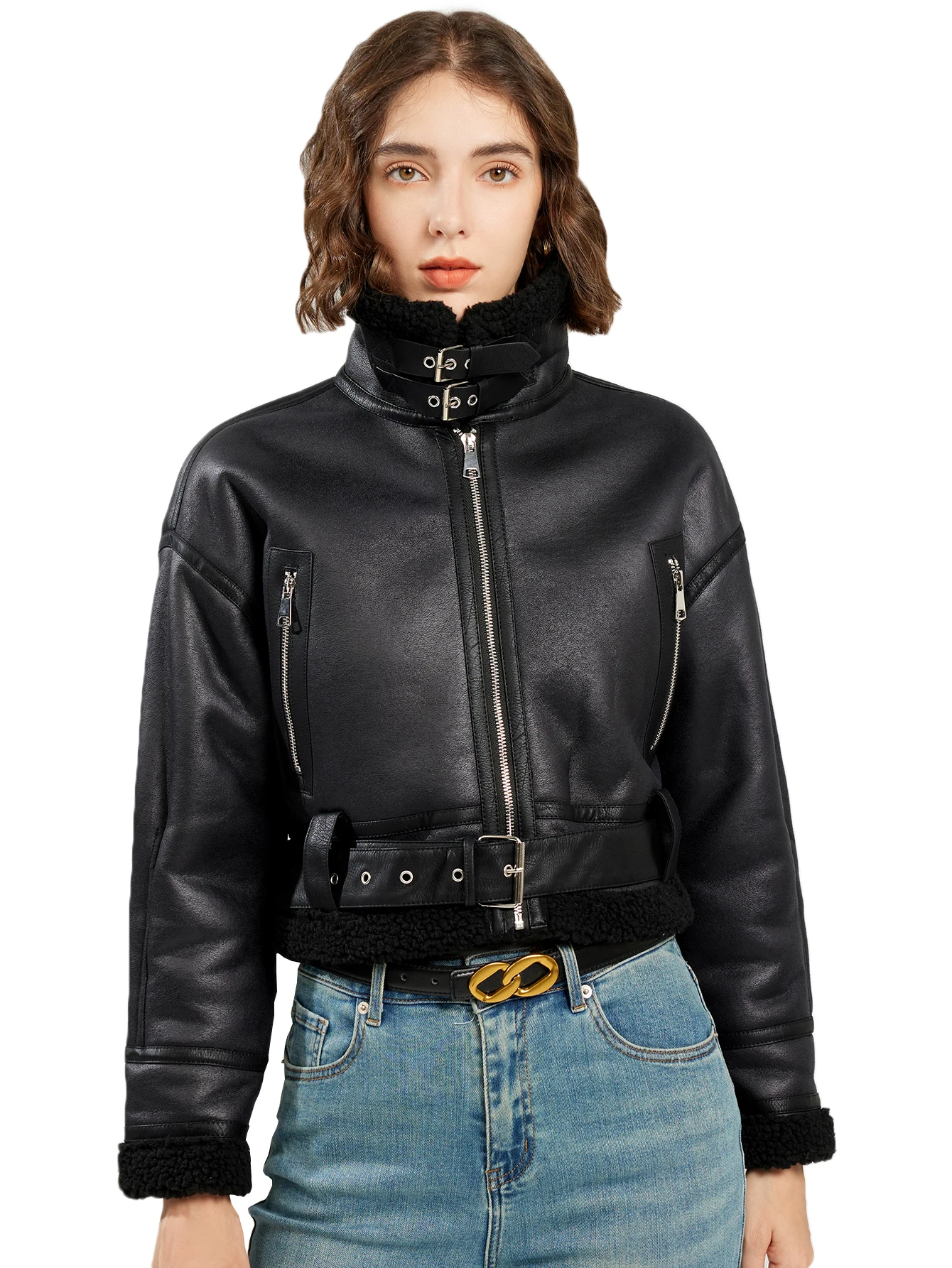 Ftlzz Winter Frauen Faux Lamm wolle Lederjacke lässig Kurz mantel weibliche High Street Motorrad Outwear