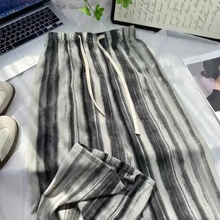 2025 Summer Women Loose Wide-Leg Pant Female Casual High Waist Baggy Pant Straight Striped Beach  Trousers