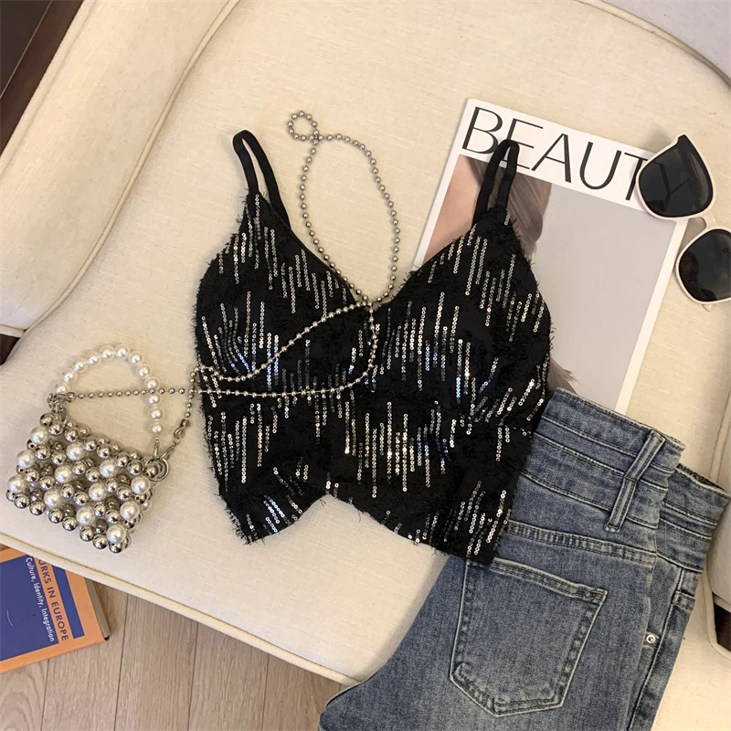 Sexy elegante camisola coletes feminino lantejoulas colheita topos slings 2025 verão sem mangas profundo decote em v moda chique senhoras camisetas jumpers