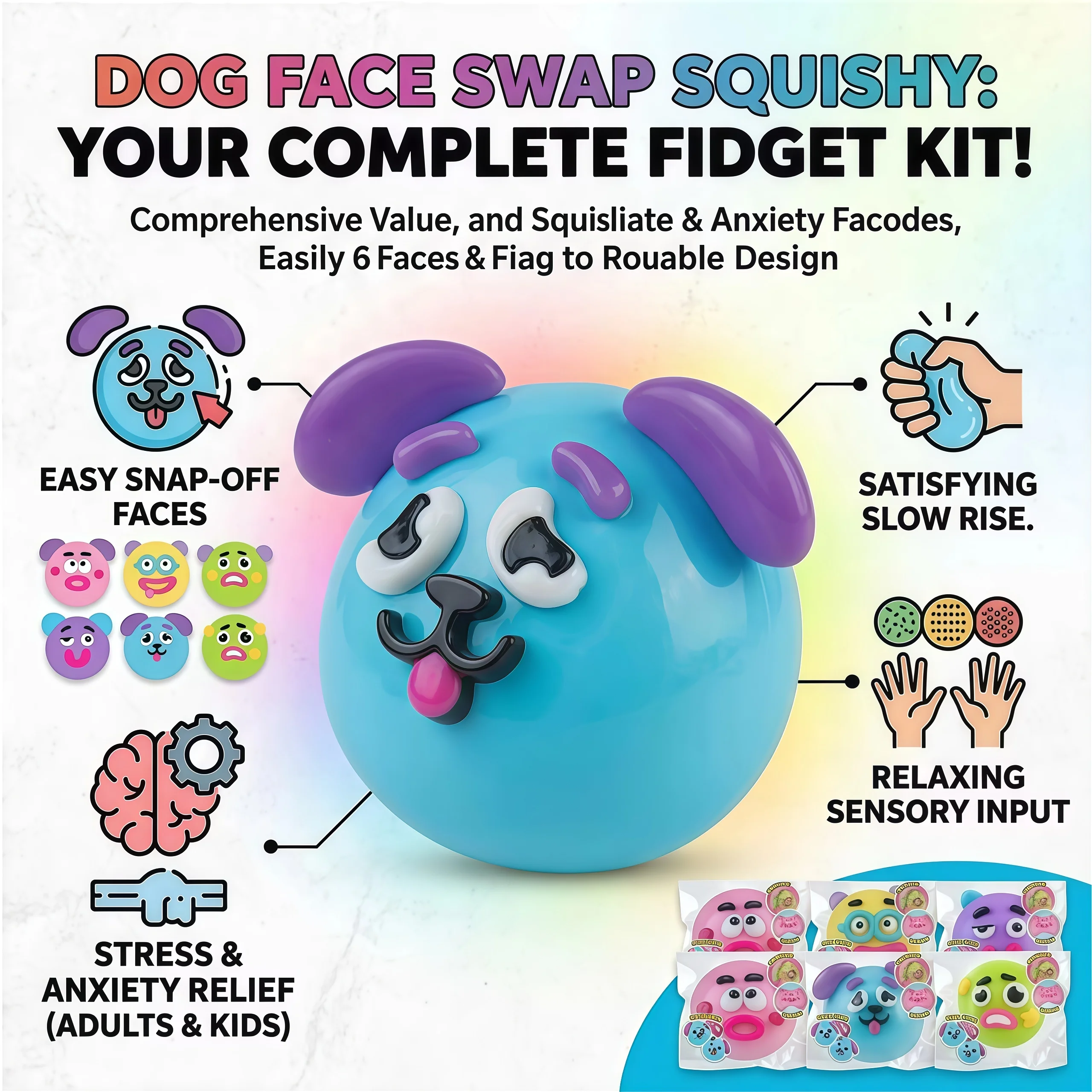 Curiosity dog face changing wet toy, soft mold cute slow rebound TPR material squeezing toy, relaxing sensory toy view 3