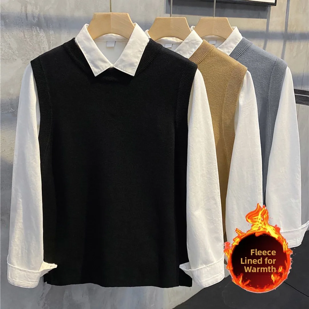 

Мужской утепленный свитер с воротником-рубашкой на флисовой подкладке, модный вязаный жилет, верхняя одежда стандартного кроя, деловой стиль для молодых мужчин