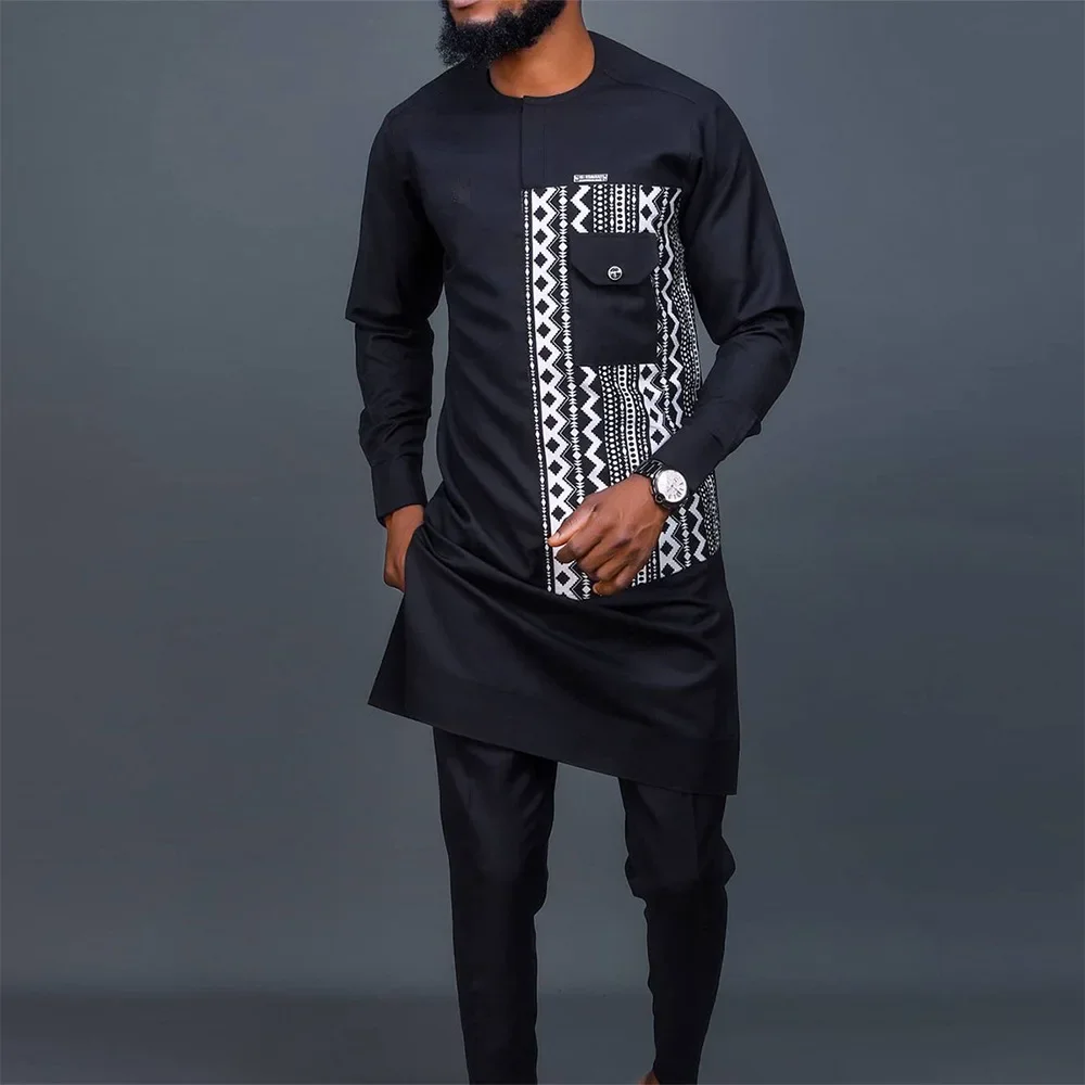 High-quality Men's Long-sleeved Ethnic Style Printed Round-neck Suits, Arabian Dubai Abaya, Middle Eastern Men's Casual Suits