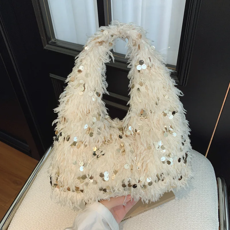 

Korean Pink White Sequin Plush Shoulder Bags Classic Fashion Prom Party Handbags For Women Silver Chain Shoulder Bag Crossbody