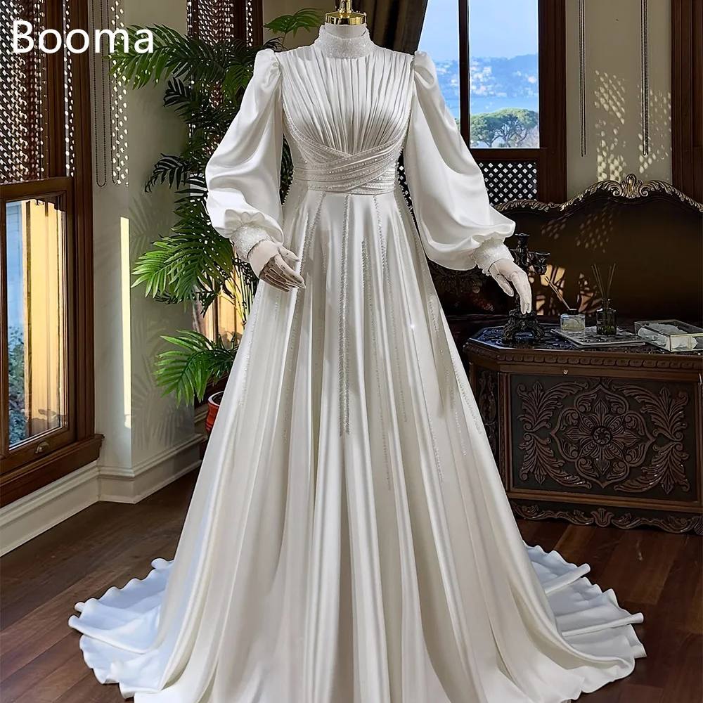 Booma فساتين زفاف أنيقة على شكل حرف a بطيات كريستالية لامعة وأكمام طويلة فستان عرائس بسيط مصنوع حسب الطلب 2025