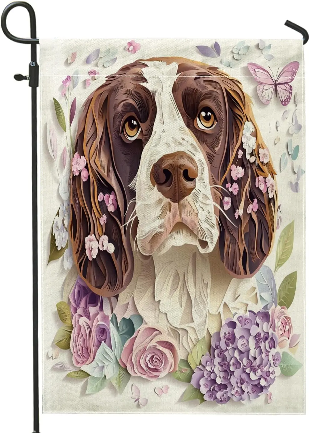 Spring Springer Spaniel Dog Garden Flags 12x18 Inch Double Sided for Outside, Novelty Floral Art Pattern Standard Canvas Hou AAS